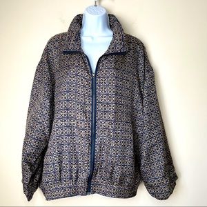 STUNT SPORTS 100% SILK VINTAGE 90’S NAVY BLUE JACQUARD FULL ZIP JACKET SIZE XL
